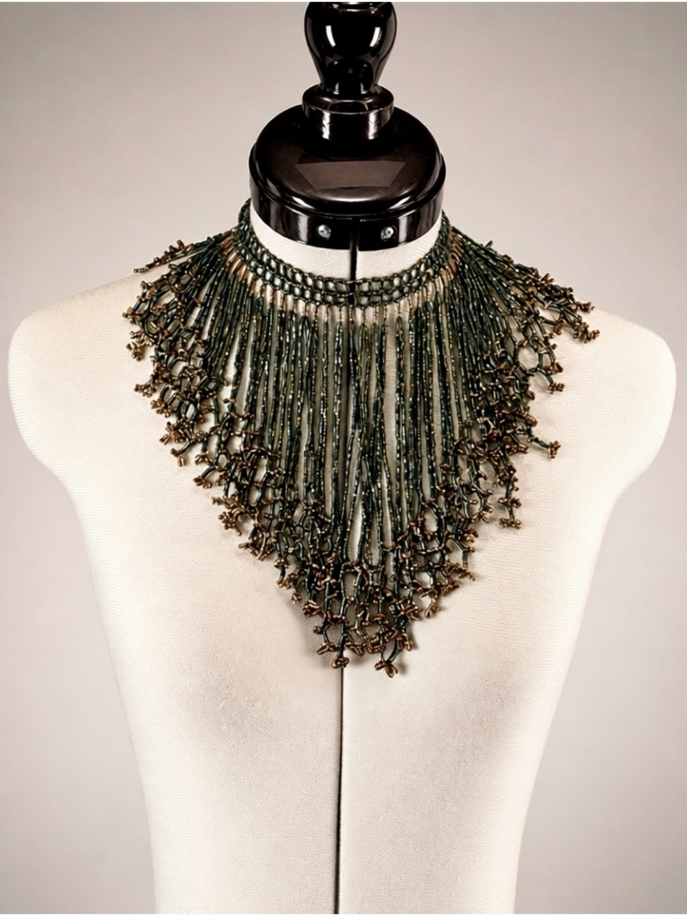 Handcrafted Iridescent Beaded Fringe Collar Necklace, green/gold, EUC - Picture 5 of 12